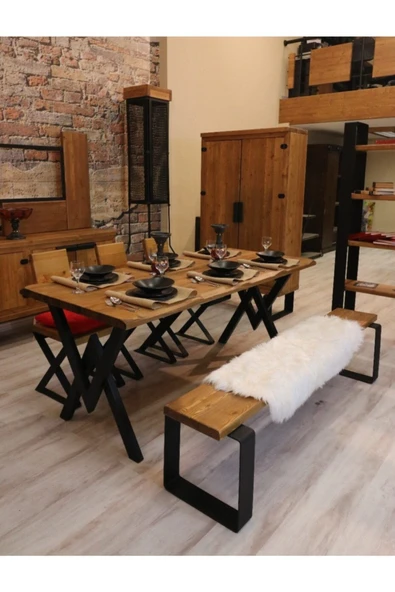 NT Concept Masif Ağaç Yemek Masası Takımı- 100cm-210cm Masa+210cm Bank+6 Adet Loft Sandalye - 2