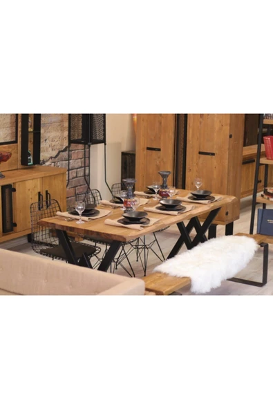 NT Concept Ntconcept Masif Ağaç Yemek Masası Takımı - 85cm-150cm Masa 150cmbank 4 Adet Tel Sandalye