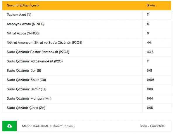 MEBOR 11-44-11 Harmanlanmış NPK Gübresi 25 Kg, Azot, Fosfor, Potasyum, Bor, Bakır, Demir, Mangan - 3