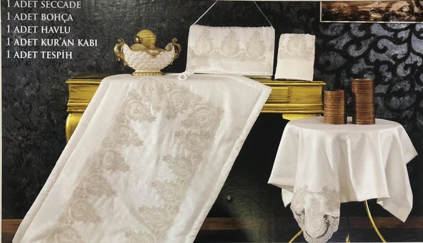 Aktaş Fransız Dantelli Lüx Seccade Takımı 5 Parça Çeyizlik Bohça Gelin Seti - 2