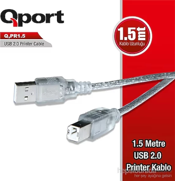 QPORT Q-PR1.5  1.5M YAZICI KABLOSU 1.5 METRE USB 2.0V ŞEFFAF PRİNTER KABLO