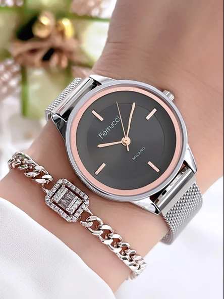 Ferrucci Kadın Kol Saati+Bileklik Özel Seri Çelik Kordon Kararma Renk Atma Yapmaz VS.BLKT.0086