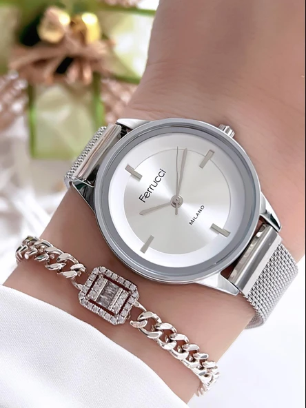 Ferrucci Kadın Kol Saati+Bileklik Özel Seri Çelik Kordon Kararma Renk Atma Yapmaz VS.BLKT.0088 ürün görseli