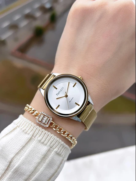 Ferrucci Kadın Kol Saati+Bileklik Özel Seri Çelik Kordon Kararma Renk Atma Yapmaz VS.BLKT.0089 - 2