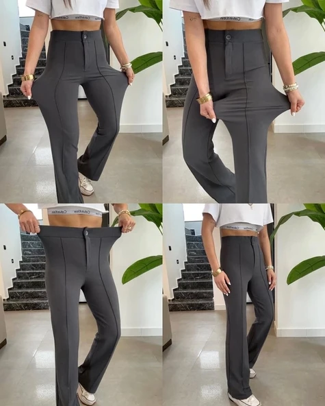 Kadın Yüksek Bel Full Likralı Krep Kumaş Pantolon - 3