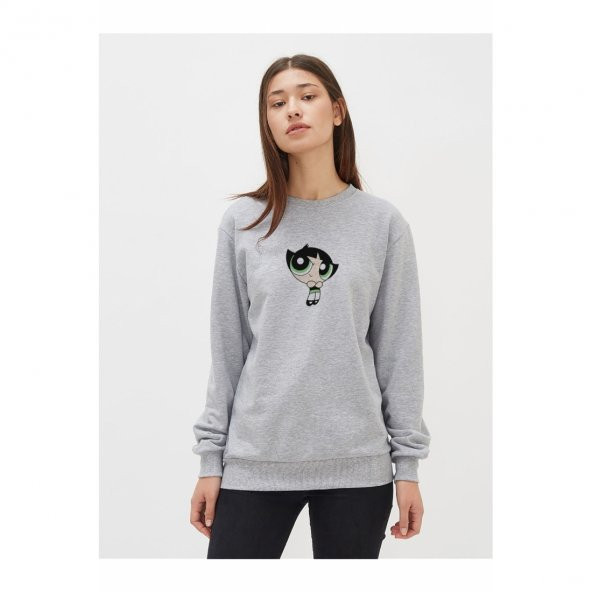 Powerpuff Girls Buttercup Baskılı Gri Kadın Örme Sweatshirt Uzun kol