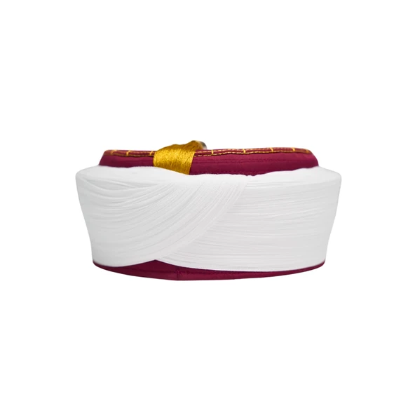İmam Sarığı-Beyaz Kumaş-Bordo Takke-Düz Sarım-Kuş Gözlü-5 metre - 4