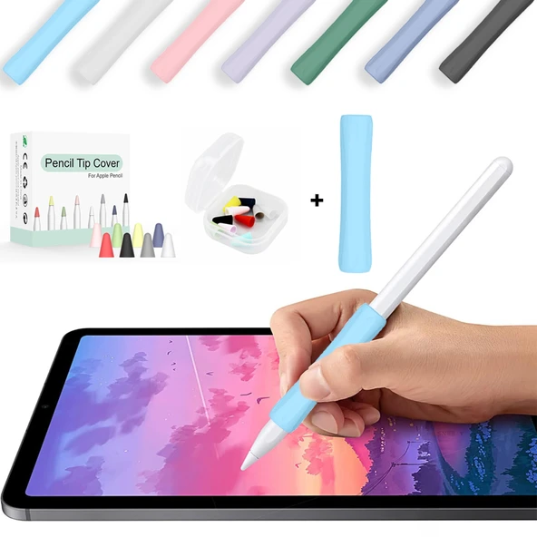 Apple Pencil 1-2 Nesil Pro USB-C Uyumlu Soft Yumuşak Silikon Kalem Tutucu ve 8'li Kalem Ucu Koruyucu  Mavi