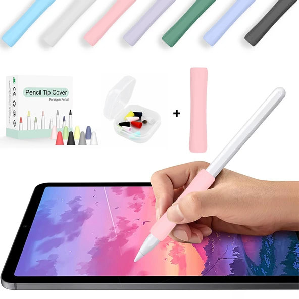 Apple Pencil 1-2 Nesil Pro USB-C Uyumlu Soft Yumuşak Silikon Kalem Tutucu ve 8'li Kalem Ucu Koruyucu  Pembe