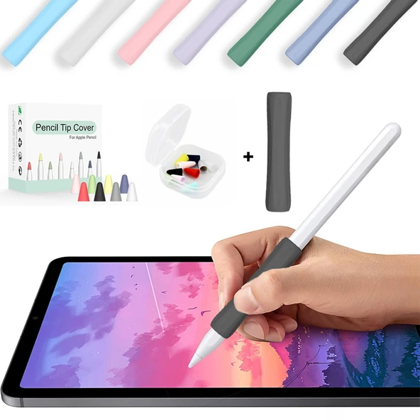 Apple Pencil 1-2 Nesil Pro USB-C Uyumlu Soft Yumuşak Silikon Kalem Tutucu ve 8'li Kalem Ucu Koruyucu  Siyah