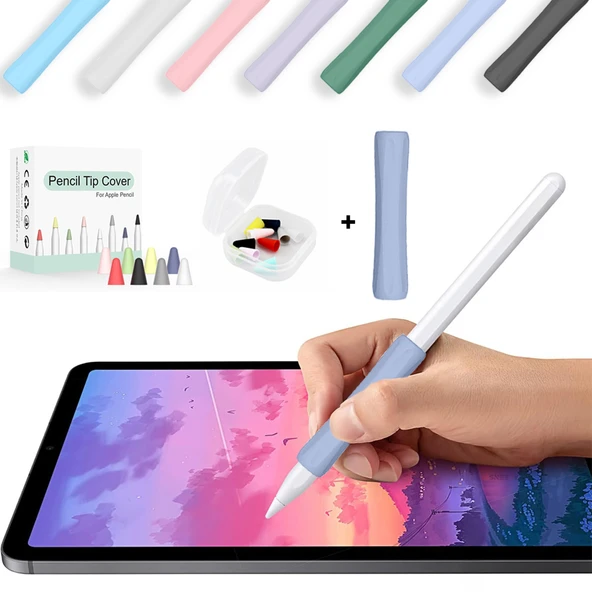 Apple Pencil 1-2 Nesil Pro USB-C Uyumlu Soft Yumuşak Silikon Kalem Tutucu ve 8'li Kalem Ucu Koruyucu  Lavanta