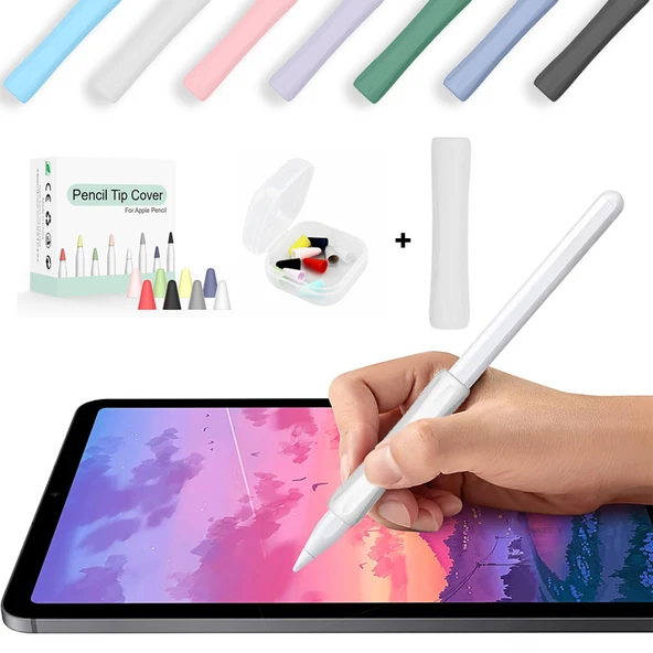 Apple Pencil 1-2 Nesil Pro USB-C Uyumlu Soft Yumuşak Silikon Kalem Tutucu ve 8'li Kalem Ucu Koruyucu  Beyaz