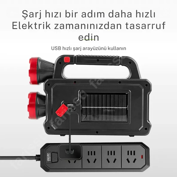 solar panelli çok foksiyonlu telefon şarj özellikli el feneri ışıldak 2 ampullü - 4