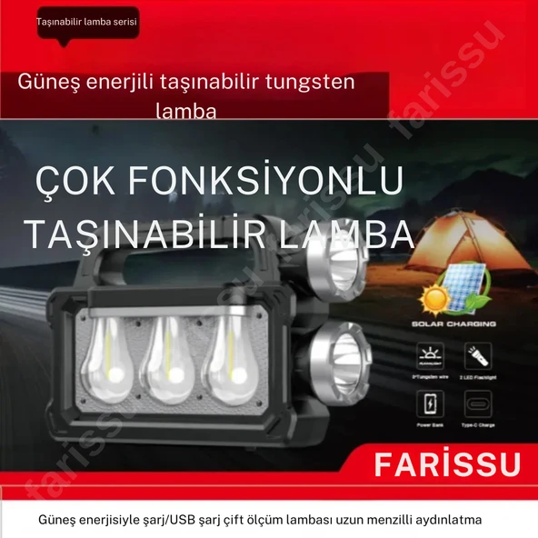 solar panelli çok foksiyonlu telefon şarj özellikli el feneri ışıldak 2 ampullü - 2
