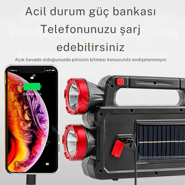solar panelli çok foksiyonlu telefon şarj özellikli el feneri ışıldak 2 ampullü - 5