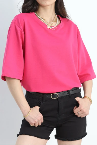 Oversize 2 İplik Tişört Fuşya - 20700.1878. - Resim 5