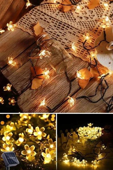 6 Metre 30 Led Çiçek Solar Lamba Güneş Enerjili Sarı Işık Zincir Bahçe Aydınlatma Parti Süs Lambası - 5