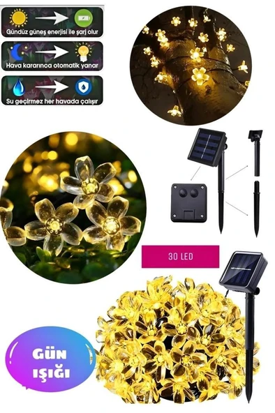 6 Metre 30 Led Çiçek Solar Lamba Güneş Enerjili Sarı Işık Zincir Bahçe Aydınlatma Parti Süs Lambası - 3