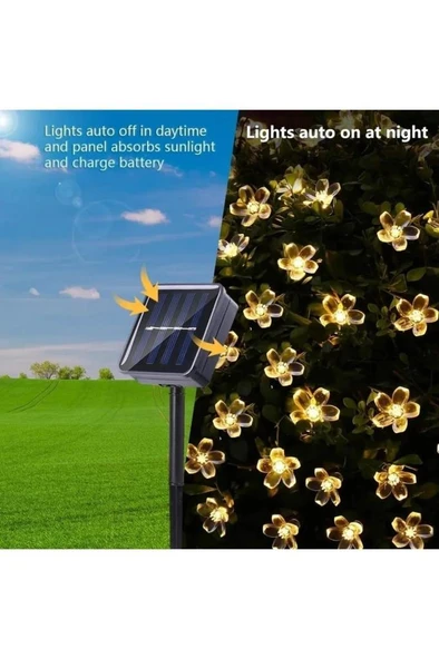 6 Metre 30 Led Çiçek Solar Lamba Güneş Enerjili Sarı Işık Zincir Bahçe Aydınlatma Parti Süs Lambası - 7