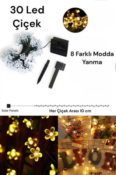 6 Metre 30 Led Çiçek Solar Lamba Güneş Enerjili Sarı Işık Zincir Bahçe Aydınlatma Parti Süs Lambası - 8