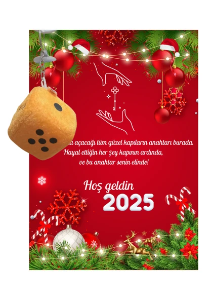 Yeni Yıl Geyik Kart Üzerinde Anahtarlık (Kişiye Özel Yazı Yazdırılabilir) Zar Model - 5
