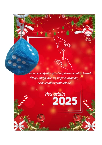 Yeni Yıl 2025 Kart Üzerinde Anahtarlık (Kişiye Özel Yazı Yazdırılabilir) Zar Model 5 Adet - 5