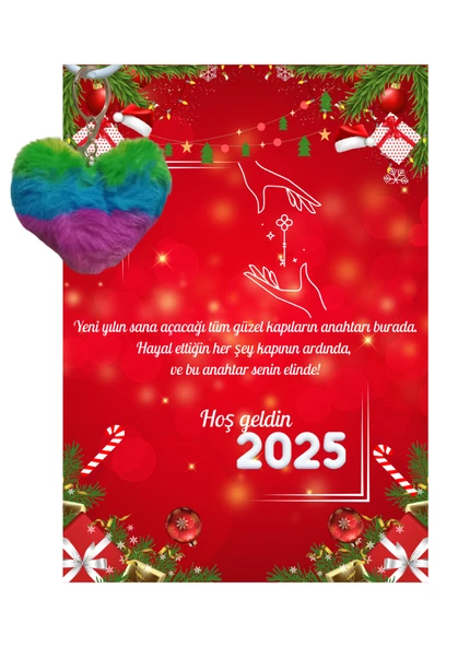 Yeni Yıl 2025 Kart Üzerinde Anahtarlık (Kişiye Özel Yazı Yazdırılabilir) Renkli Kalp