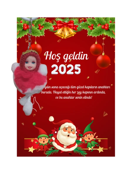 Yeni Yıl Noel Baba Kart Üzerinde Anahtarlık (Kişiye Özel Yazı Yazdırılabilir) Peluş Bebek