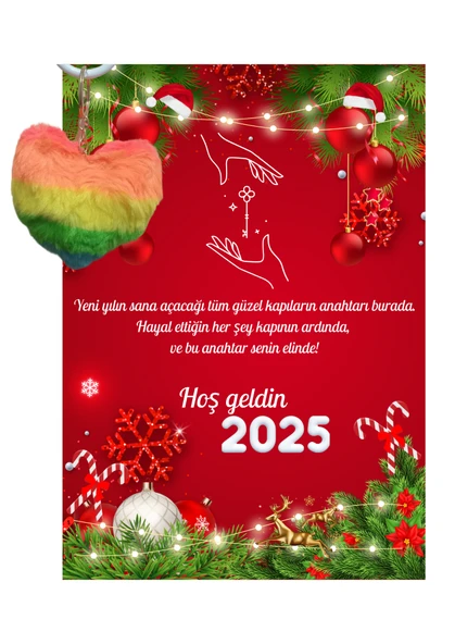 Yeni Yıl Geyik Kart Üzerinde Anahtarlık (Kişiye Özel Yazı Yazdırılabilir) Renkli Kalp - 4