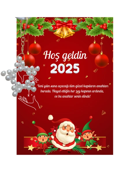 Yeni Yıl Noel Baba Kart Üzerinde Anahtarlık (Kişiye Özel Yazı Yazdırılabilir) Yıldız Model 5 Adet