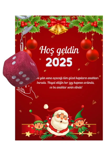 Yeni Yıl Noel Baba Kart Üzerinde Anahtarlık (Kişiye Özel Yazı Yazdırılabilir) Zar Model - 2