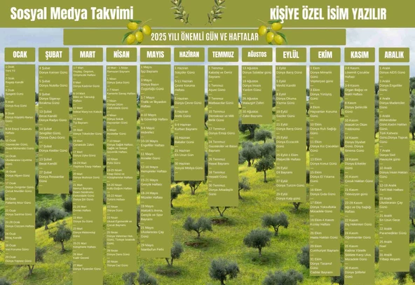 2025 Kişiye Özel Sosyal Medya Takvimi - Özel Günlerle Dolu Eğlenceli Duvar Afişi Zeytin