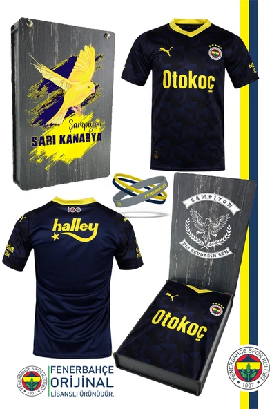 Fenerbahçe Orijinal 23/24 Lacivert Çocuk Forma & Silikon Bileklik Set Hediyelik Ahşap Kutulu
