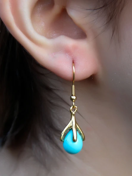 Doğal Taş Firuze Doğal Taşlı Sallantılı Altın Kaplama Kadın Küpe euku19f - Resim 3