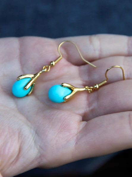 Doğal Taş Firuze Doğal Taşlı Sallantılı Altın Kaplama Kadın Küpe euku19f - Resim 4