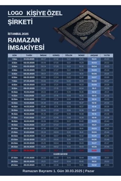 Ramazan İmsakiyesi Modern Kişiye Özel Tasarımlı Dijital Baskı 100 Adet A4 300 gr Model 30