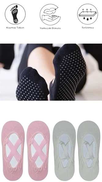4 Adet Bayan Kaydırmaz Tabanlı Yoga Pilates Fitness Dans ve Spor Çorabı - 11