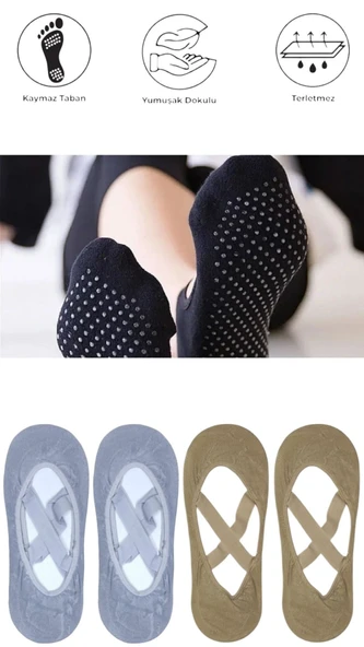 4 Adet Bayan Kaydırmaz Tabanlı Yoga Pilates Fitness Dans ve Spor Çorabı - 5