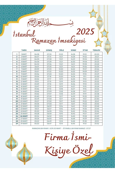 Ramazan İmsakiyesi Modern Kişiye Özel Tasarımlı Dijital Baskı 10 Adet A4 300 gr Model 36