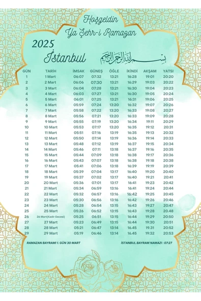 Ramazan İmsakiyesi Modern Kişiye Özel Tasarımlı Dijital Baskı 6 Adet A4 300 gr Model 49