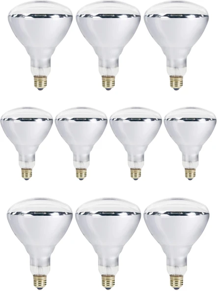 (10 Adet) 250W Kızılötesi (infrared) Isıtıcılı Hayvan Isıtma ve Kuluçka Lambası (Sarı Işık) E27 (Kalın Duy)