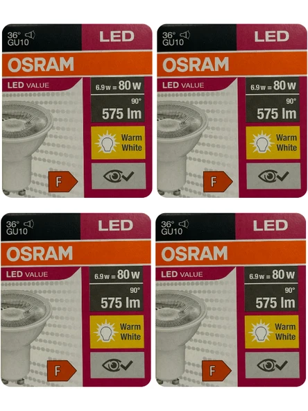 (4 Adet) Osram 6.9W (80W) 2700K (Sarı Işık) GU10 Duylu Led Spot Ampul