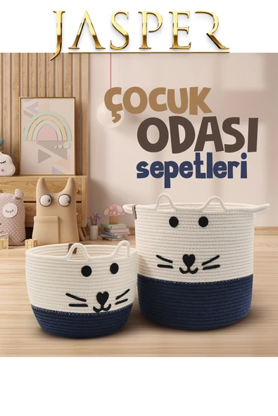 Jasper Lacivert İkili Jüt İp Kedi Tasarımlı Çok Amaçlı Çocuk Odası Oyuncak Kirli Sepeti Organizer