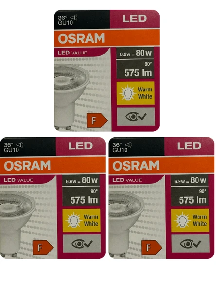 (3 Adet) Osram 6.9W (80W) 2700K (Sarı Işık) GU10 Duylu Led Spot Ampul