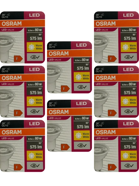 (8 Adet) Osram 6.9W (80W) 2700K (Sarı Işık) GU10 Duylu Led Spot Ampul