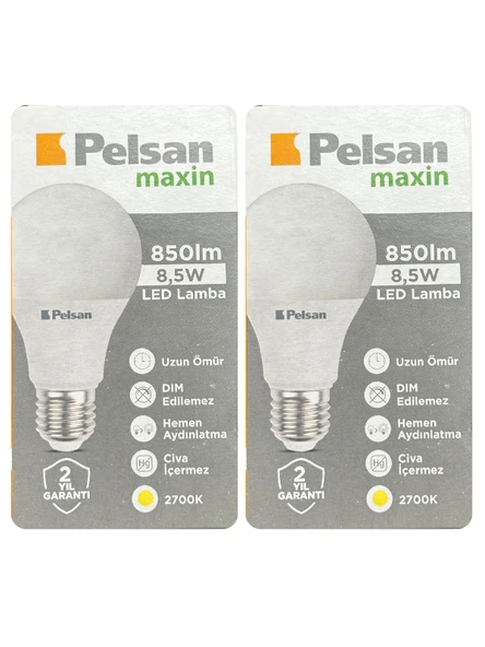 (2 Adet) Pelsan 8,5W 2700K (Sarı Işık) E27 Duylu (Kalın Duy) Led Ampul