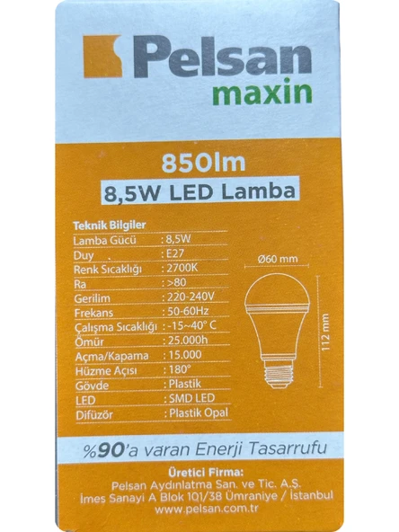 (2 Adet) Pelsan 8,5W 2700K (Sarı Işık) E27 Duylu (Kalın Duy) Led Ampul - Resim 4