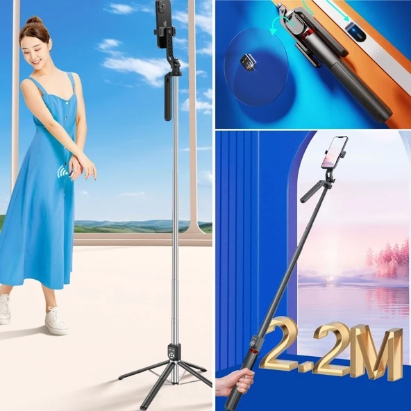 Kumandalı 360 Derece Dönebilen Cep Telefonu Ve Kamera Tripodu  2.2m Uzayabilen Selfie Çubuğu - 3
