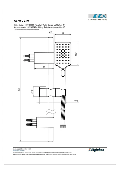 Eca Tiera Plus Hareketli Sürgülü Duş Seti (3 Fonksiyonlu) 102146092 - 2