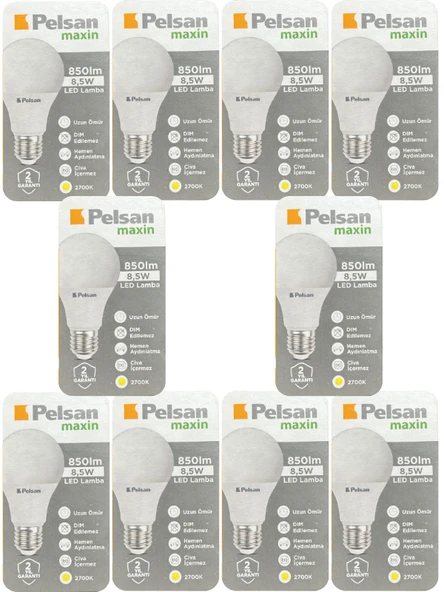 (10 Adet) Pelsan 8,5W 2700K (Sarı Işık) E27 Duylu (Kalın Duy) Led Ampul